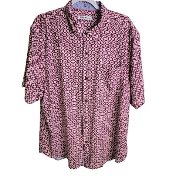 Tommy Bahama XL Button Front Red Geometric Print Silk Shirt Tropical Vacation - Picture 1 of 8